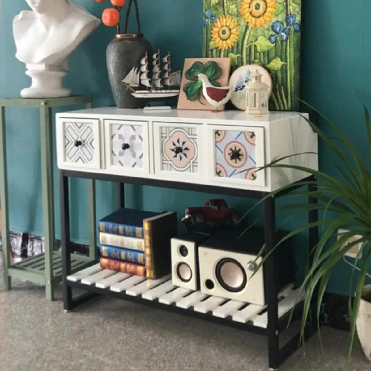 Rectangular Brown Floor Shelf Console Table with Drawers Image - 4