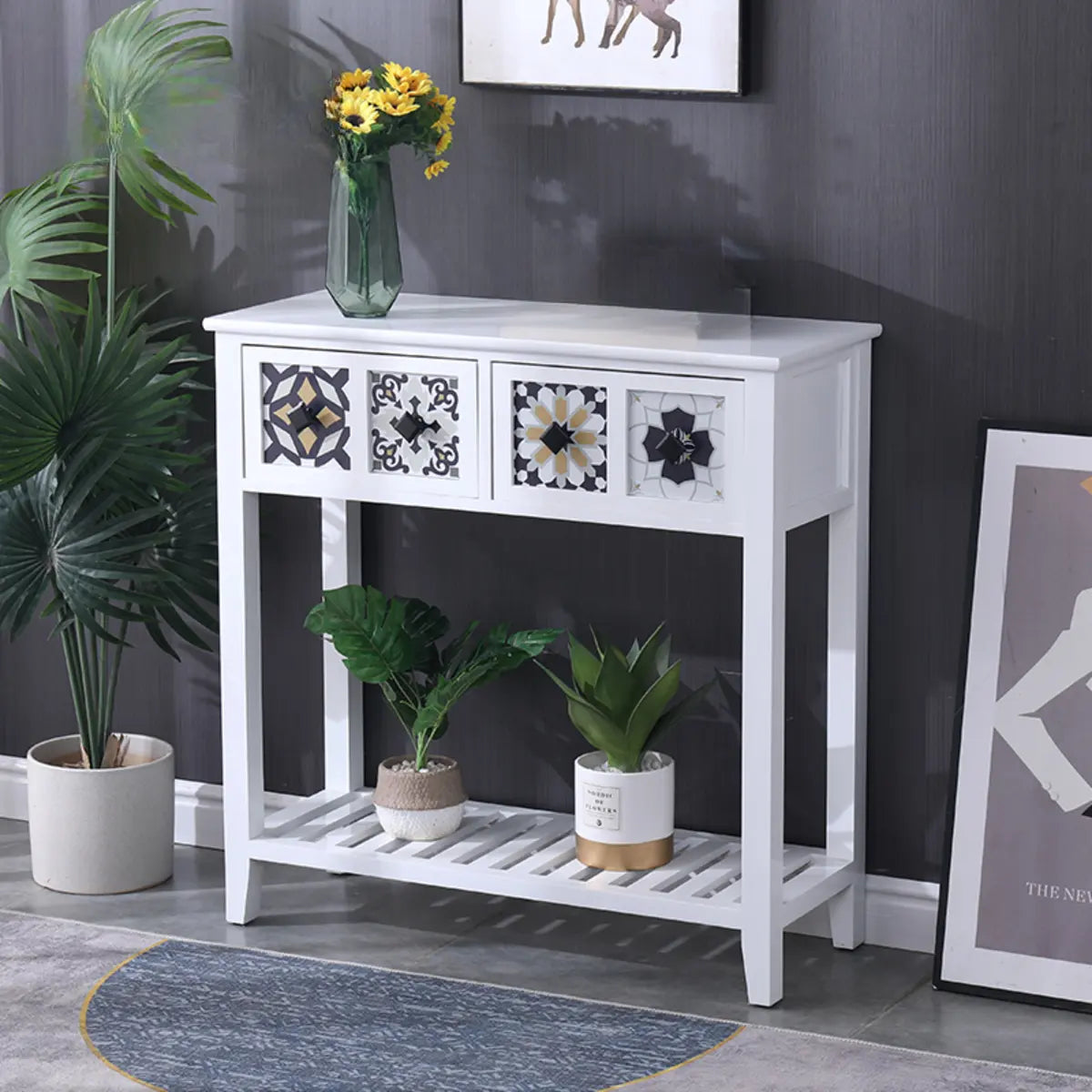 Rectangular Brown Floor Shelf Console Table with Drawers Image - 6