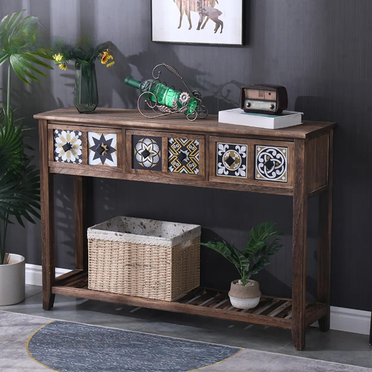 Rectangular Brown Floor Shelf Console Table with Drawers Image - 8