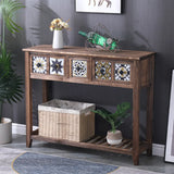 Rectangular Brown Floor Shelf Console Table with Drawers Image - 9