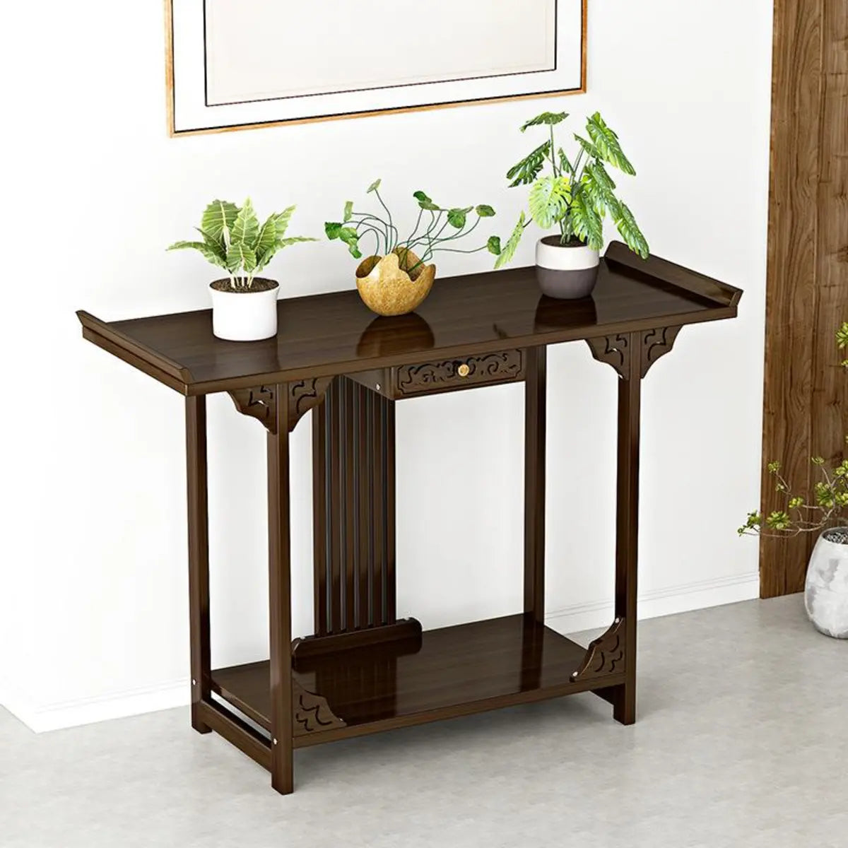 Rectangular Brown Wood Floor Shelf Console Table with Drawer Image - 1