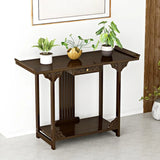 Rectangular Brown Wood Floor Shelf Console Table with Drawer Image - 1