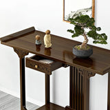 Rectangular Brown Wood Floor Shelf Console Table with Drawer Image - 11