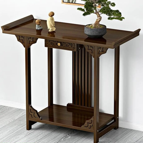 Rectangular Brown Wood Floor Shelf Console Table with Drawer Image - 2