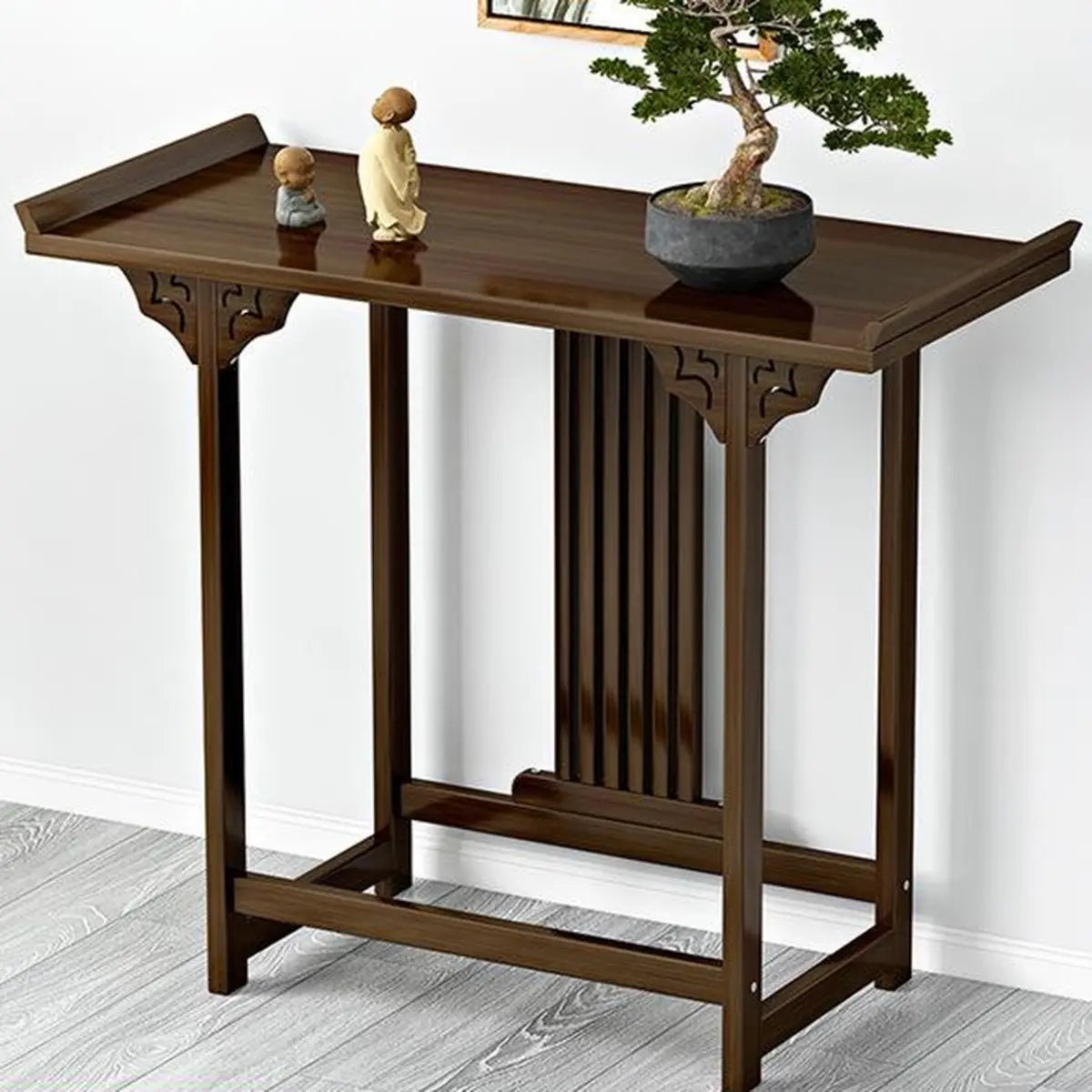 Rectangular Brown Wood Floor Shelf Console Table with Drawer Image - 3