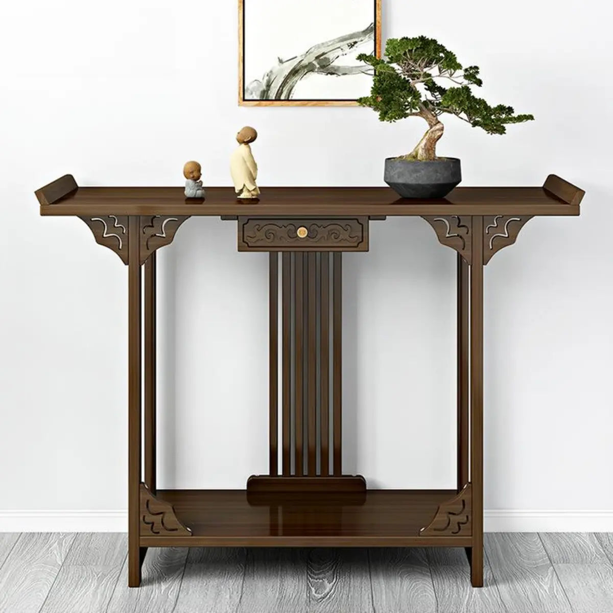 Rectangular Brown Wood Floor Shelf Console Table with Drawer Image - 8