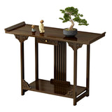 Rectangular Brown Wood Floor Shelf Console Table with Drawer Image - 9