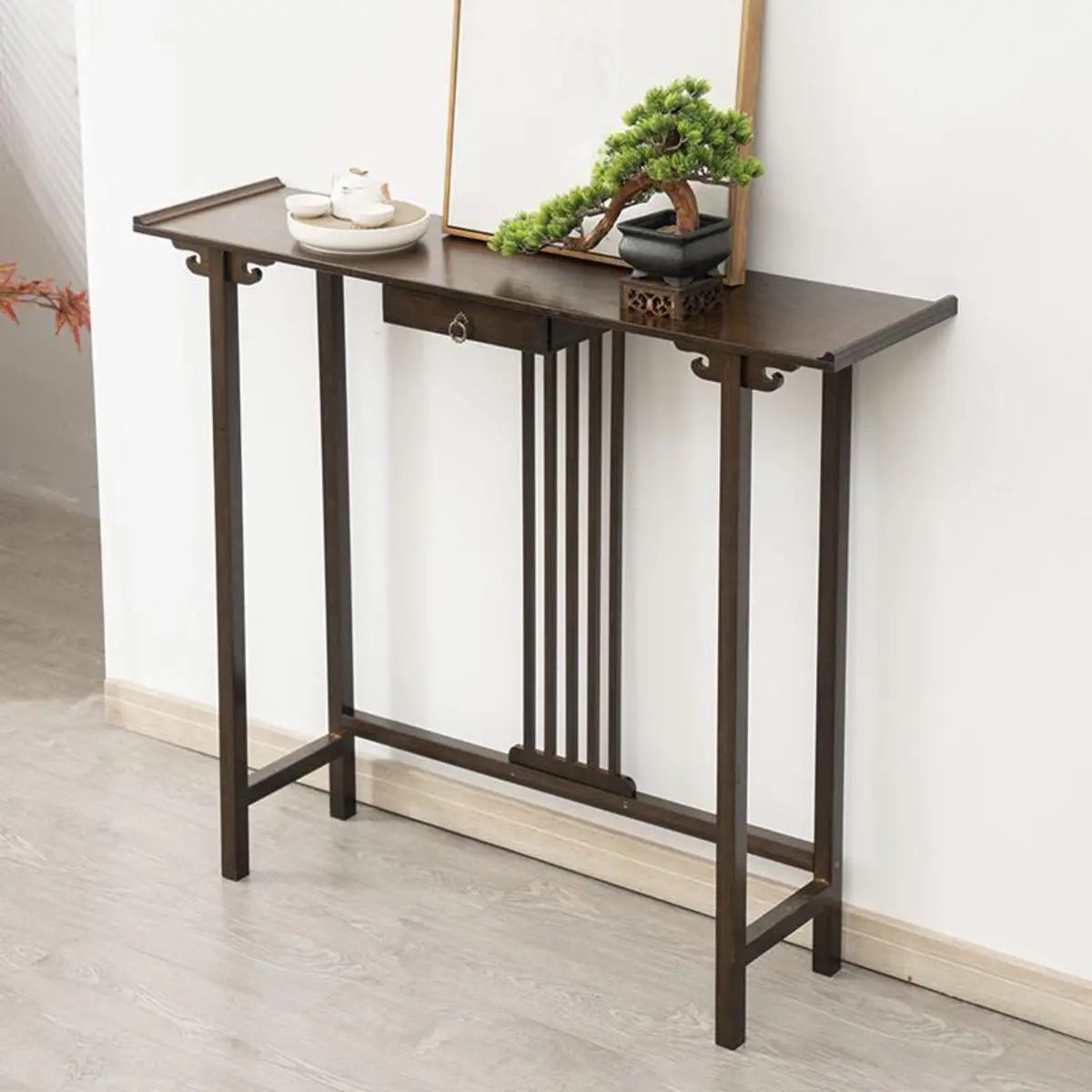 Rectangular Dark Wood Slim Console Table with Single Drawer Image - 1