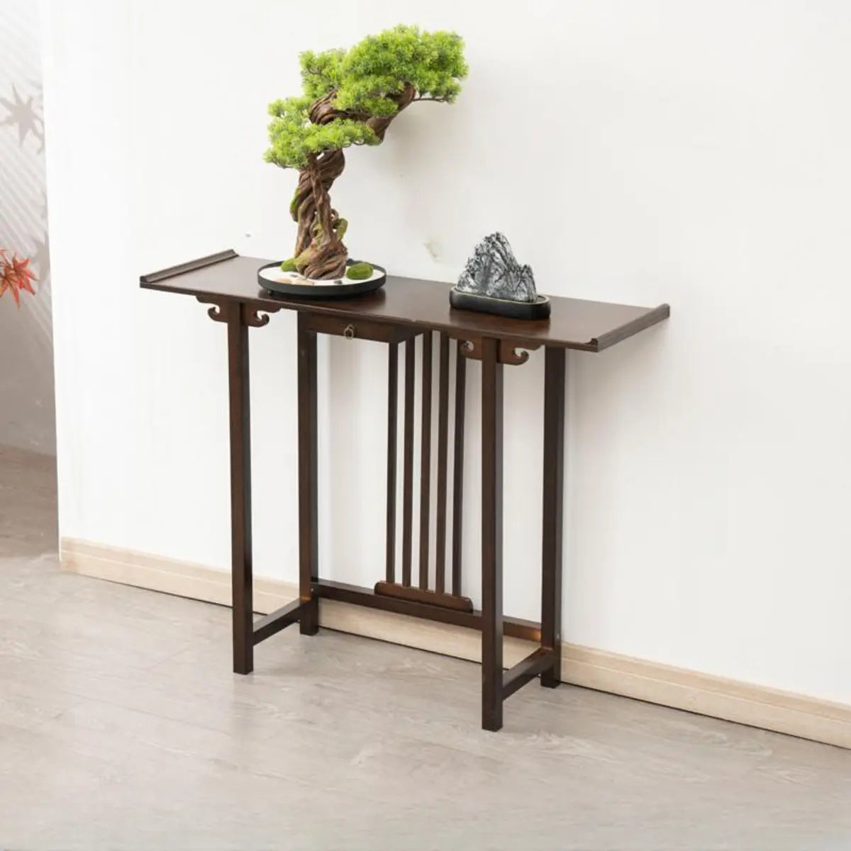 Rectangular Dark Wood Slim Console Table with Single Drawer Image - 11