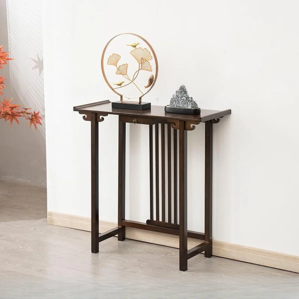 Rectangular Dark Wood Slim Console Table with Single Drawer Image - 2