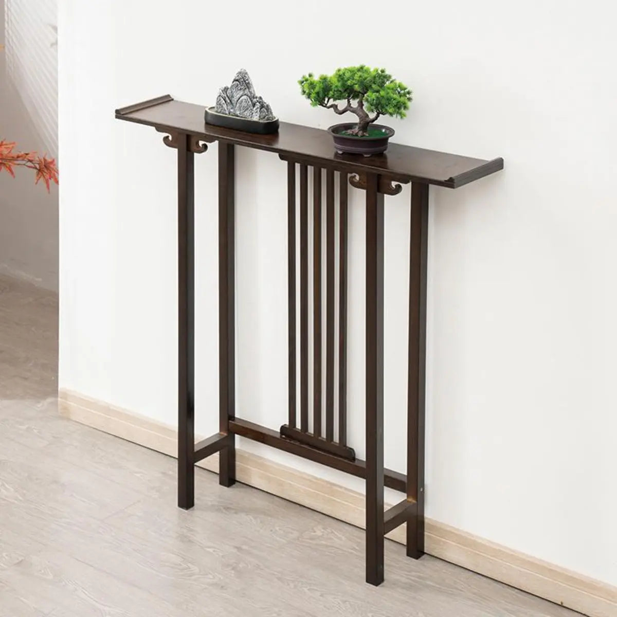 Rectangular Dark Wood Slim Console Table with Single Drawer Image - 3