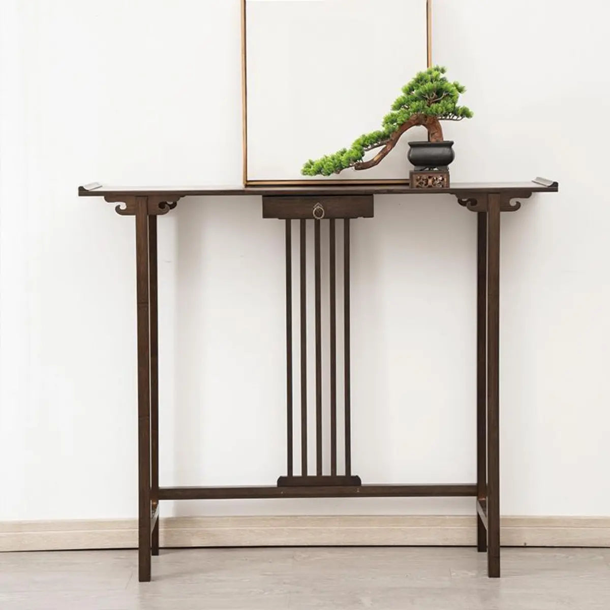 Rectangular Dark Wood Slim Console Table with Single Drawer Image - 5