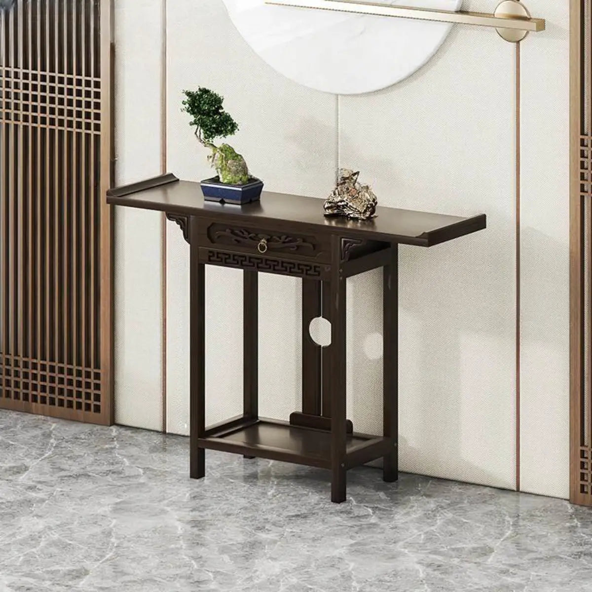 Rectangular Dark Wood Slim Console Table with Single Drawer Image - 6