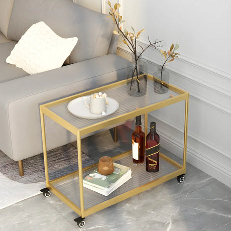 Rectangular Glass Gold Casters Side Table with Shelf Image - 1