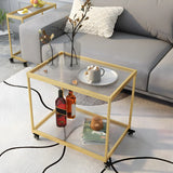 Rectangular Glass Gold Casters Side Table with Shelf Image - 10