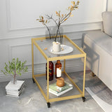 Rectangular Glass Gold Casters Side Table with Shelf Image - 12