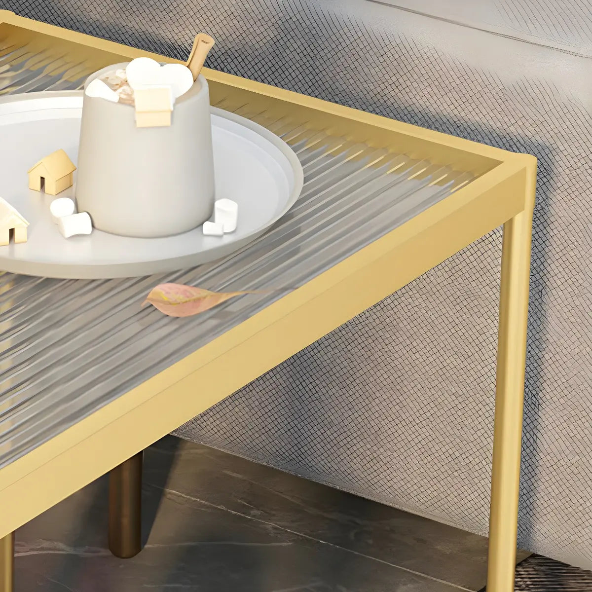 Rectangular Glass Gold Casters Side Table with Shelf Image - 18