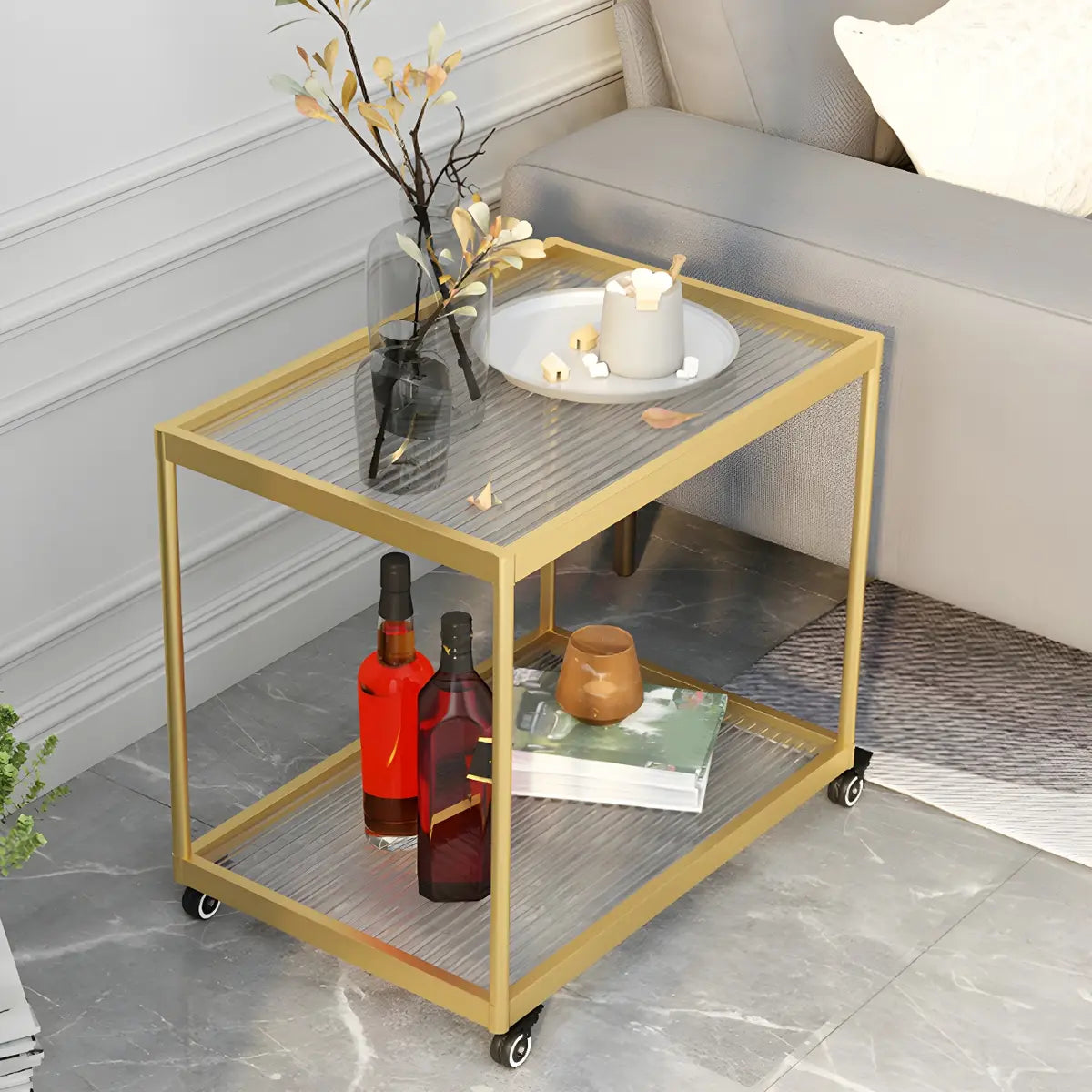 Rectangular Glass Gold Casters Side Table with Shelf Image - 21