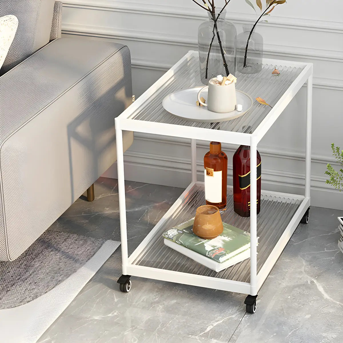 Rectangular Glass Gold Casters Side Table with Shelf Image - 44