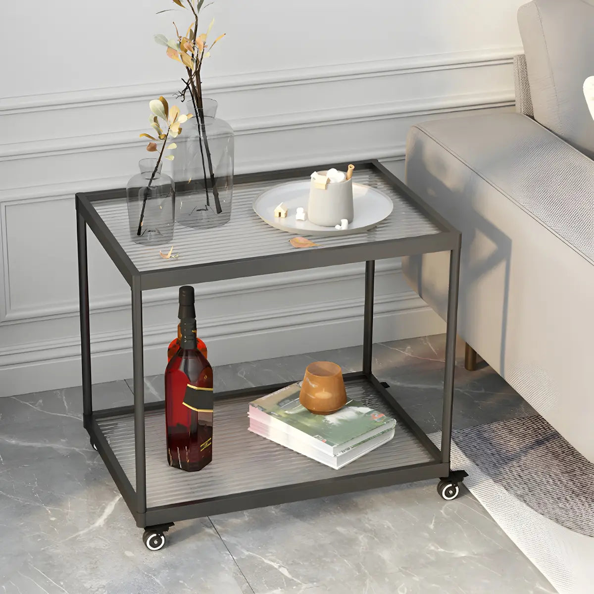 Rectangular Glass Gold Casters Side Table with Shelf Image - 5