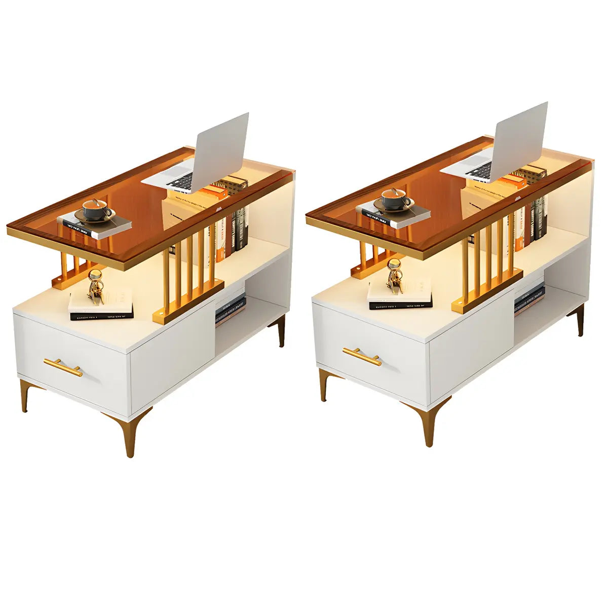 Rectangular Gold-White Glass Drawers Side Table with Storage Image - 20