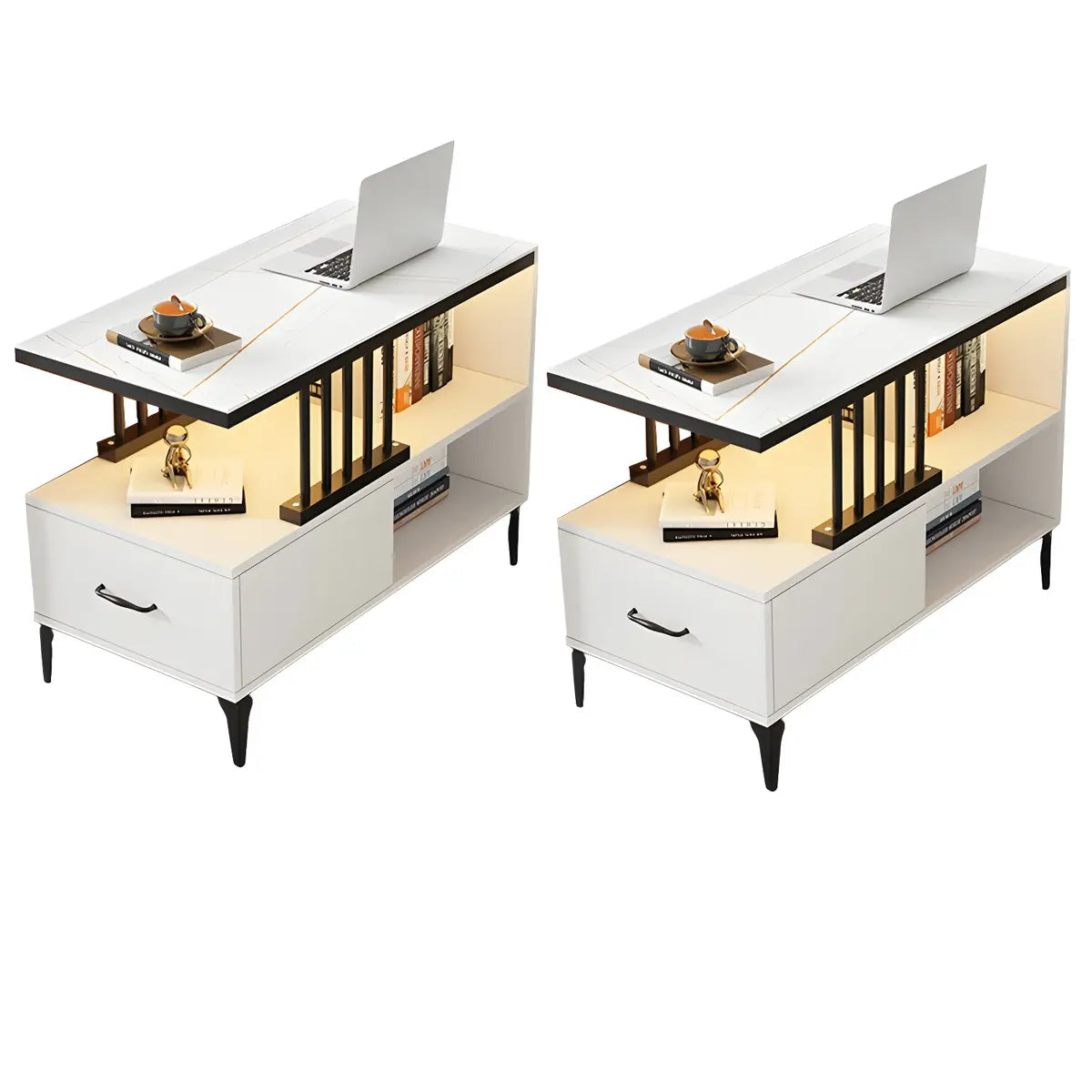 Rectangular Gold-White Glass Drawers Side Table with Storage Image - 8