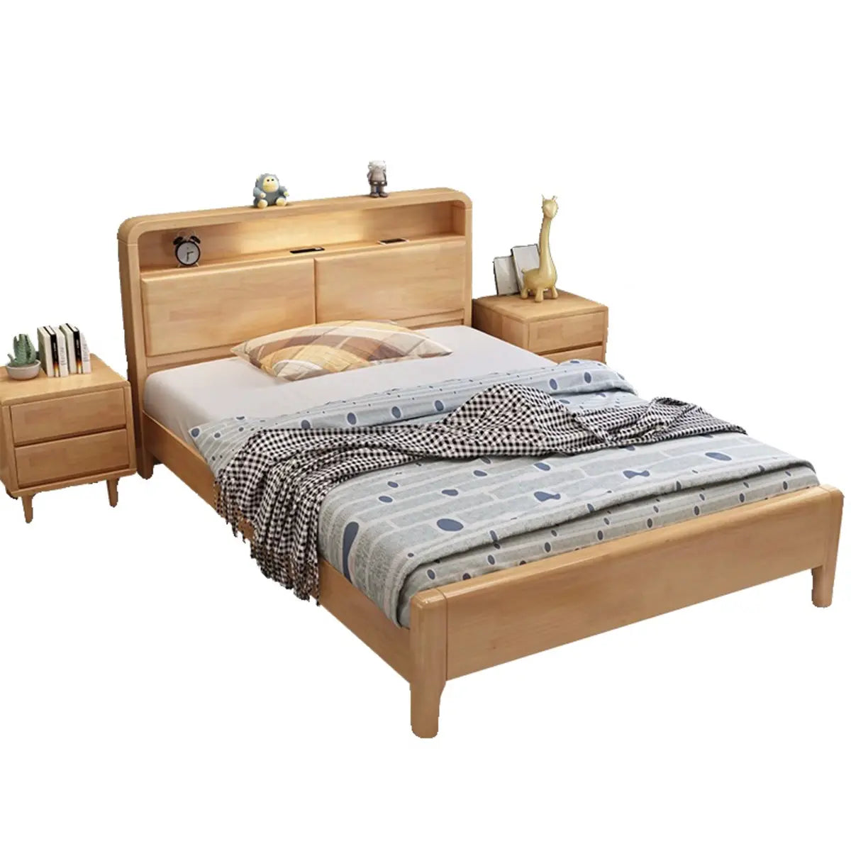 Rectangular Headboard Natural Wood Panel Bed with Storage Image - 5