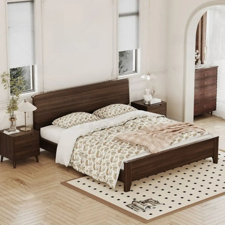 Rectangular Headboard Wood Brown Queen Platform Panel Bed Image - 1