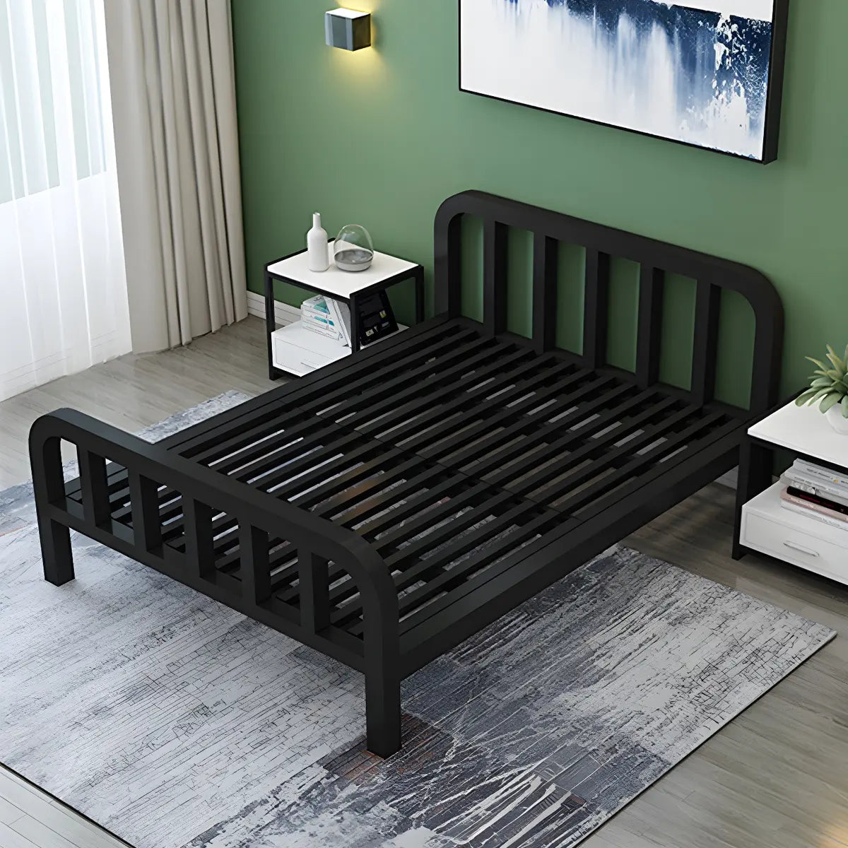 Rectangular Metal Black Headboard and Footboard Slat Bed Image - 2