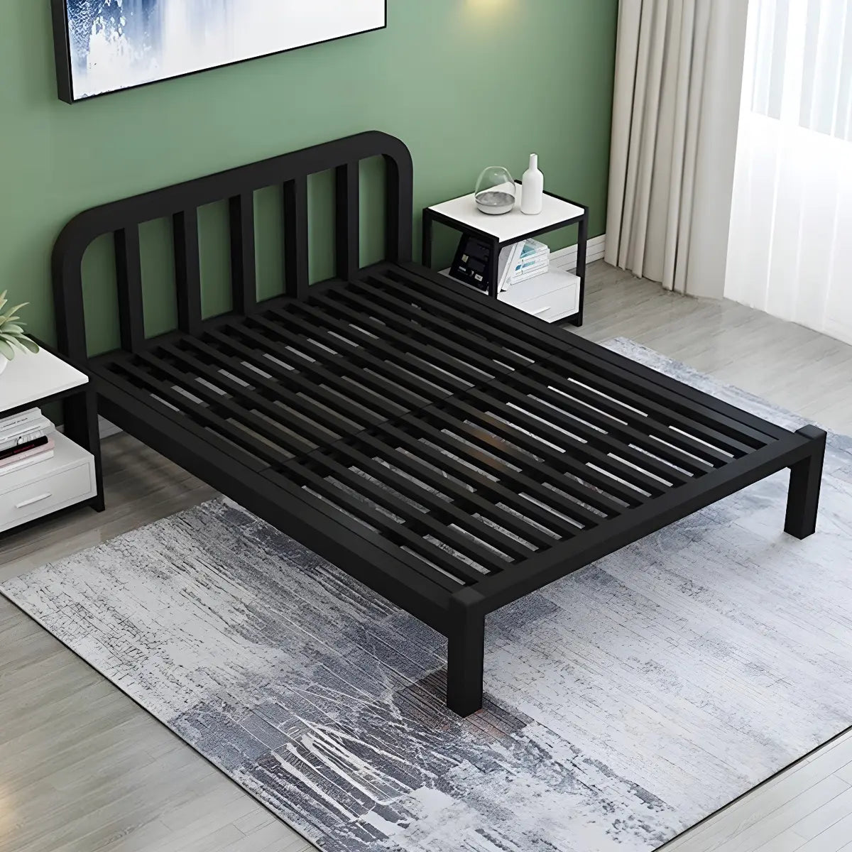 Rectangular Metal Black Headboard and Footboard Slat Bed Image - 5