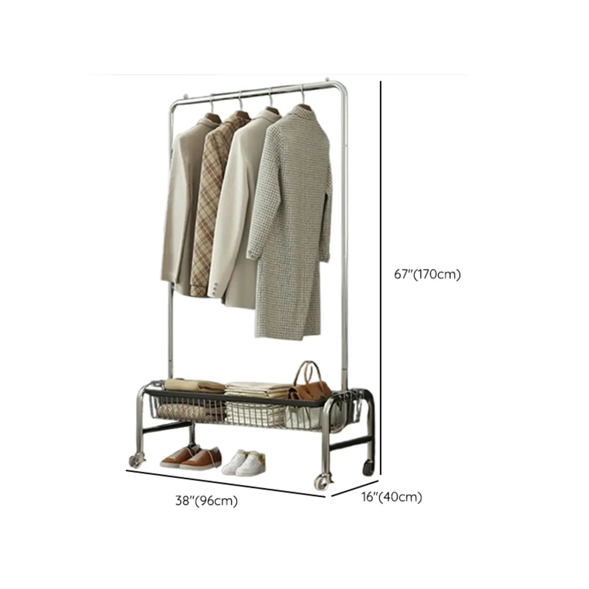 Rectangular Metal Silver Large Storage Coat Rack with Basket Image - 16