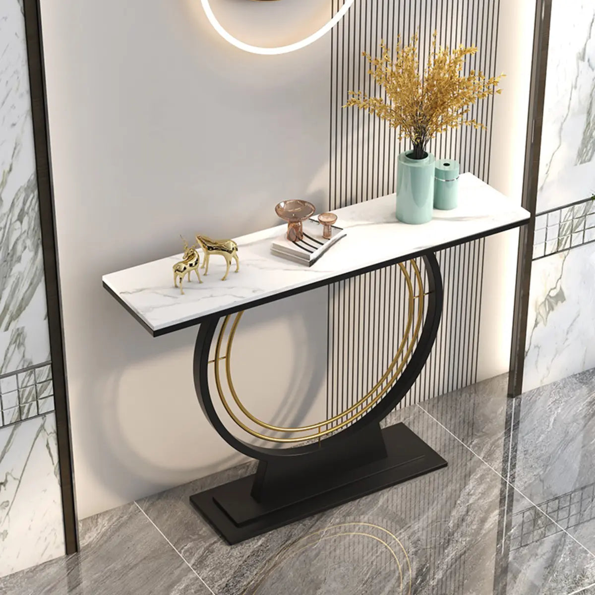 Rectangular Metal Stone White Entryway Console Table Image - 5