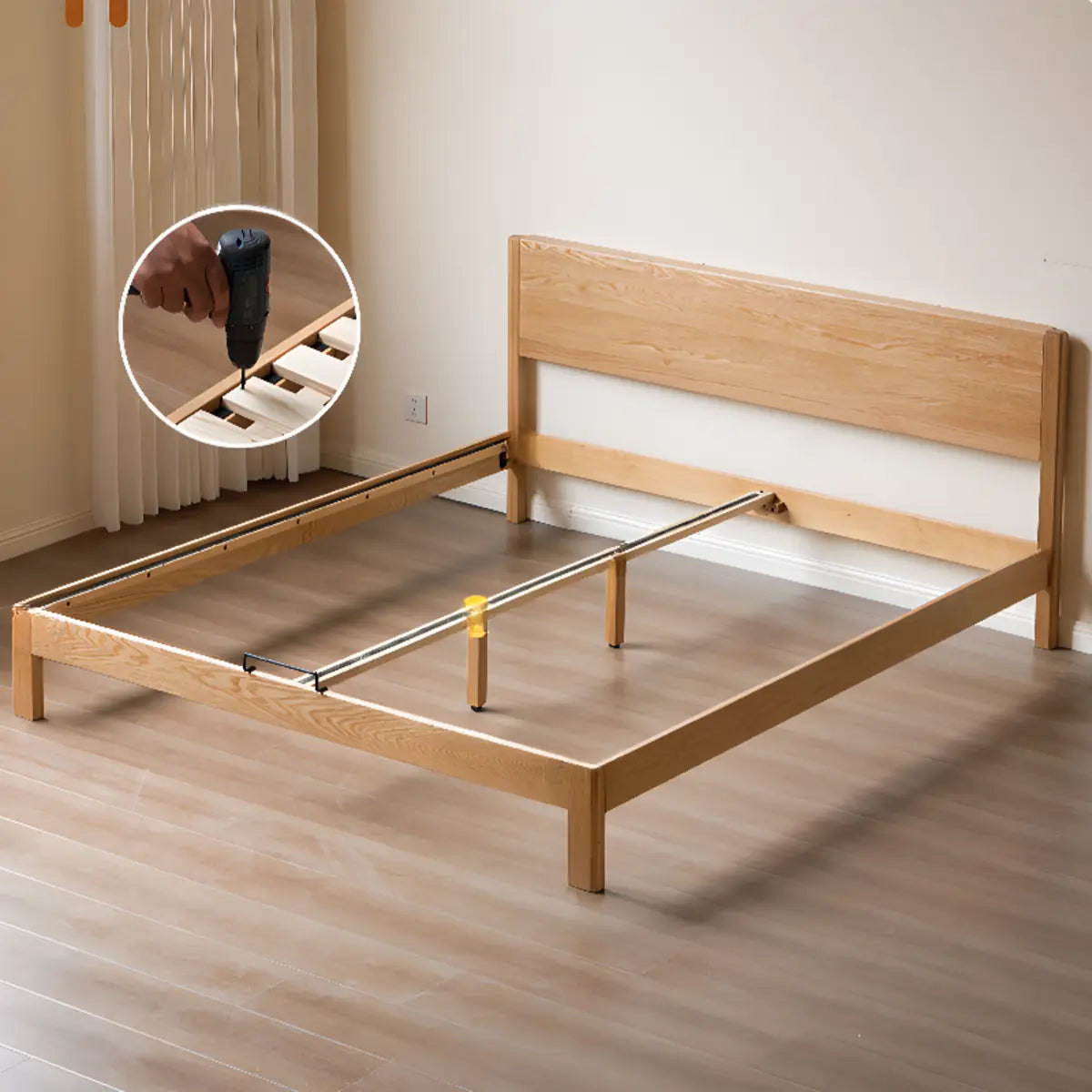 Rectangular Oak Natural King Platform Panel Bed Frame Image - 7