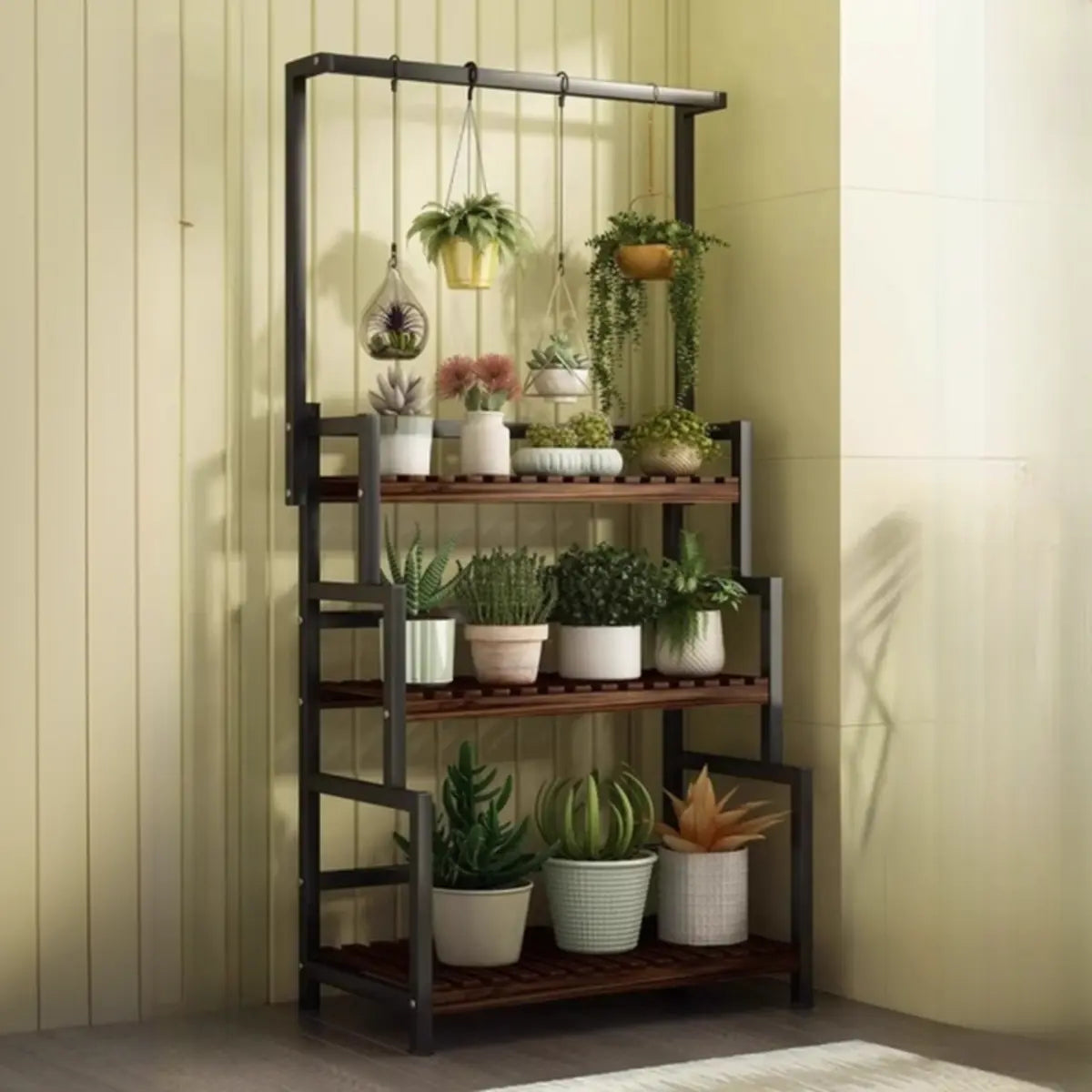 Rectangular Pine Floor Tiered Crate Plant Stand Black Image - 13