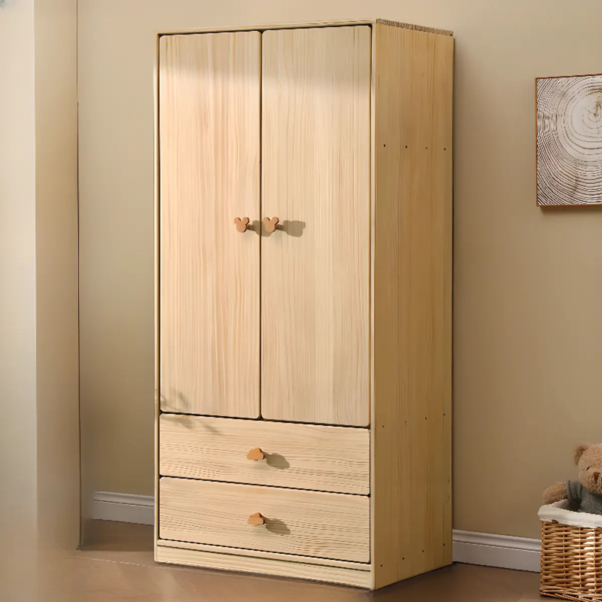 Rectangular Pine Natural Compact Armoire with Clothing Rod Image - 7