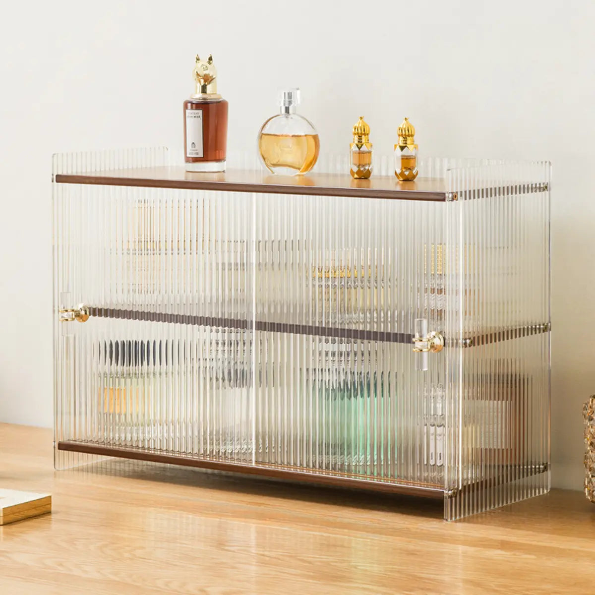 Rectangular Ribbed Glass Wood Small Display Cabinet Image - 9