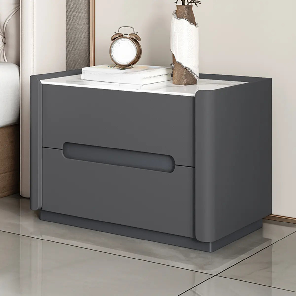 Rectangular Sintered Stone Beige 2-Drawer Nightstand Image - 17