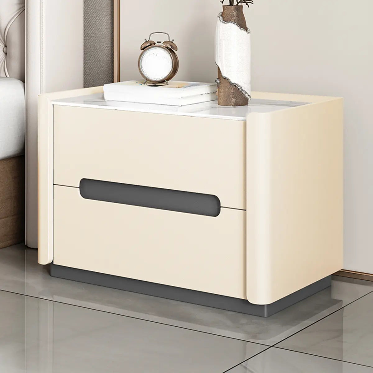 Rectangular Sintered Stone Beige 2-Drawer Nightstand Image - 4