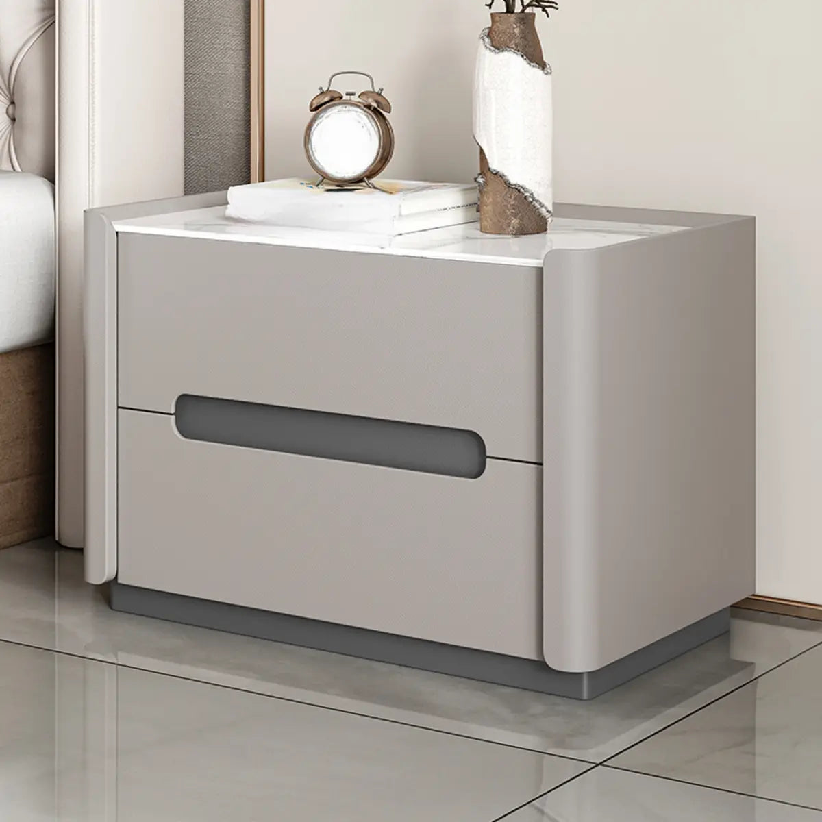 Rectangular Sintered Stone Beige 2-Drawer Nightstand Image - 5