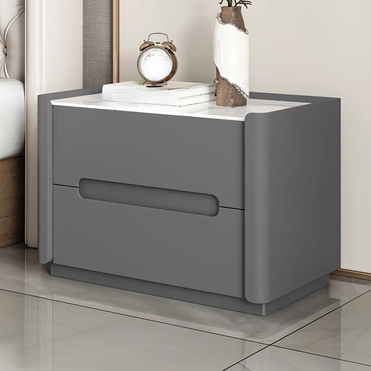 Rectangular Sintered Stone Beige 2-Drawer Nightstand Image - 7