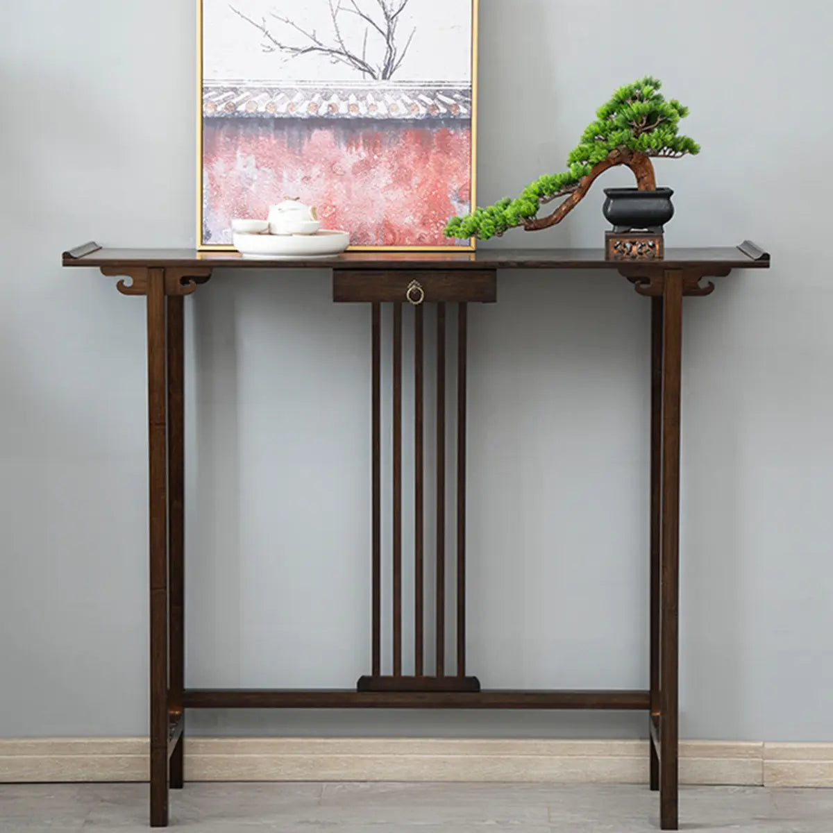 Rectangular Solid Wood Brown Console Table with Drawer Image - 1