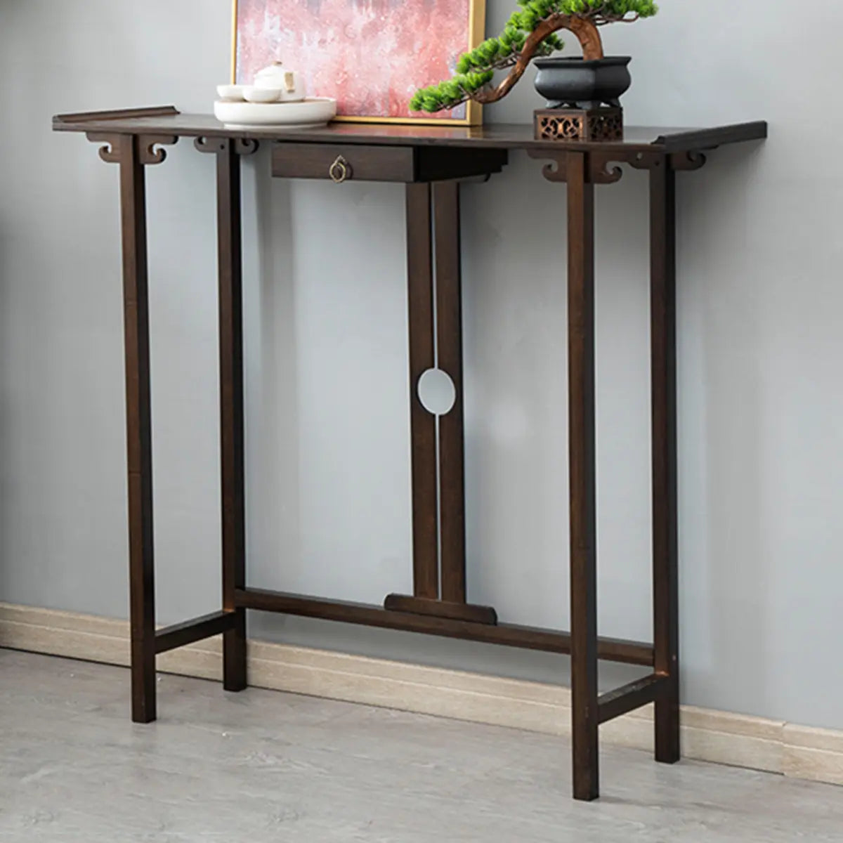 Rectangular Solid Wood Brown Console Table with Drawer Image - 3