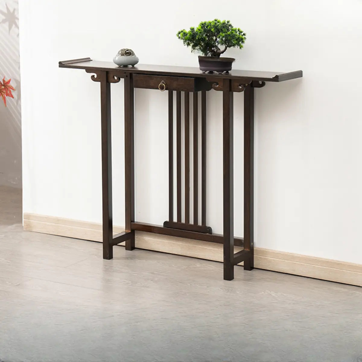 Rectangular Solid Wood Brown Console Table with Drawer Image - 9