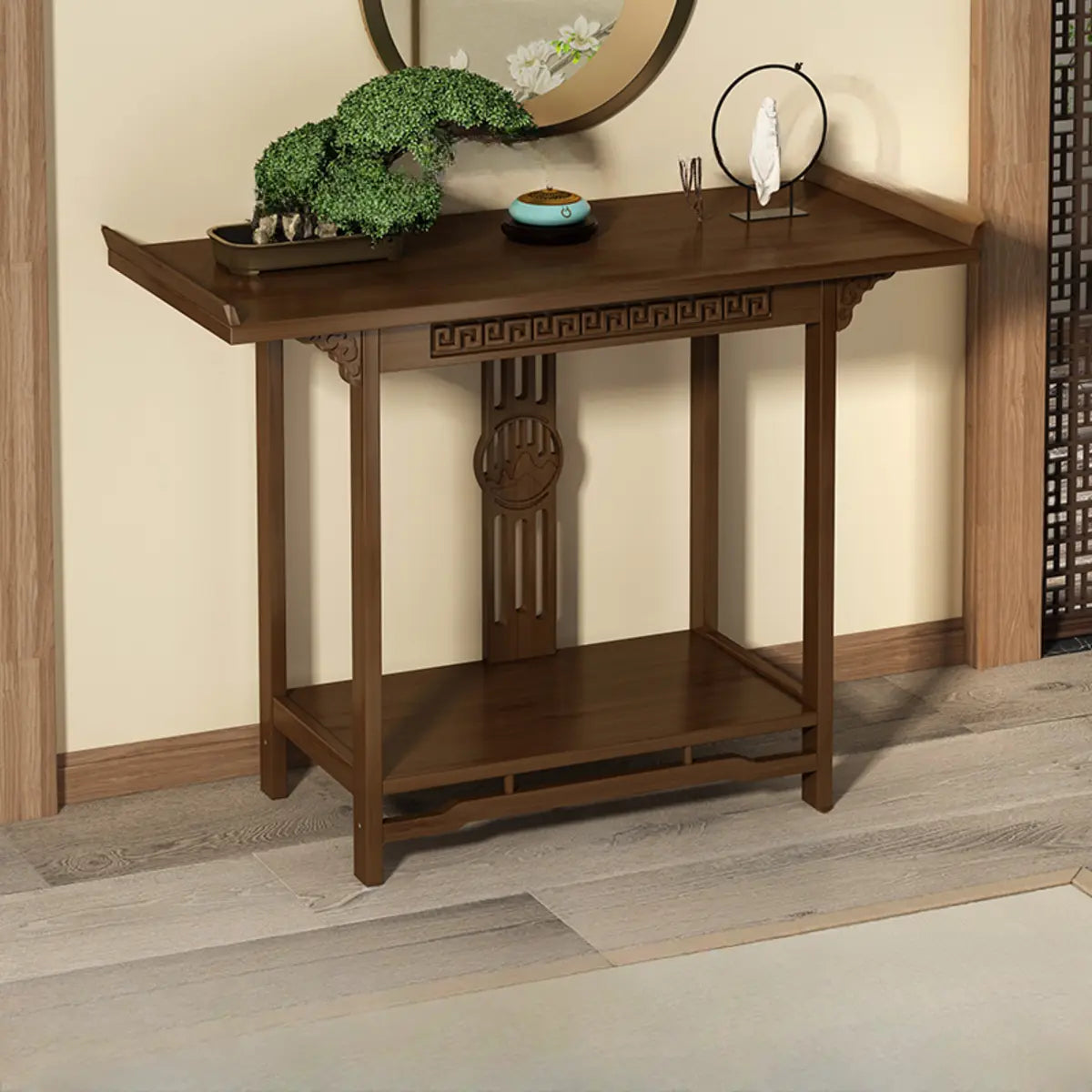 Rectangular Solid Wood Brown Floor Shelf Console Table Image - 2