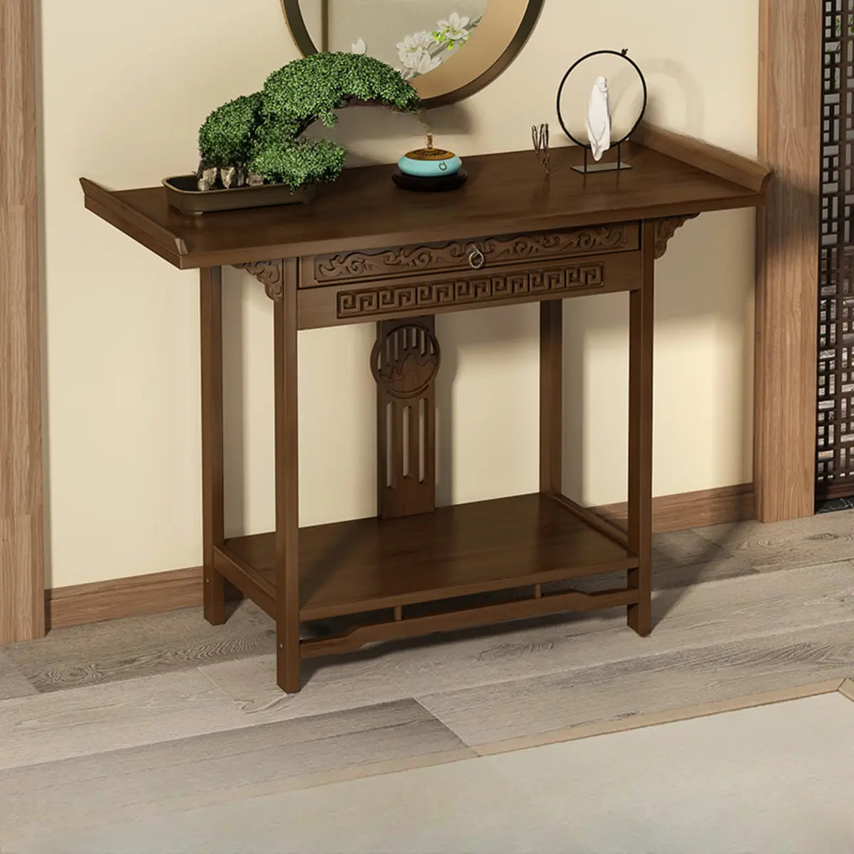 Rectangular Solid Wood Brown Floor Shelf Console Table Image - 3