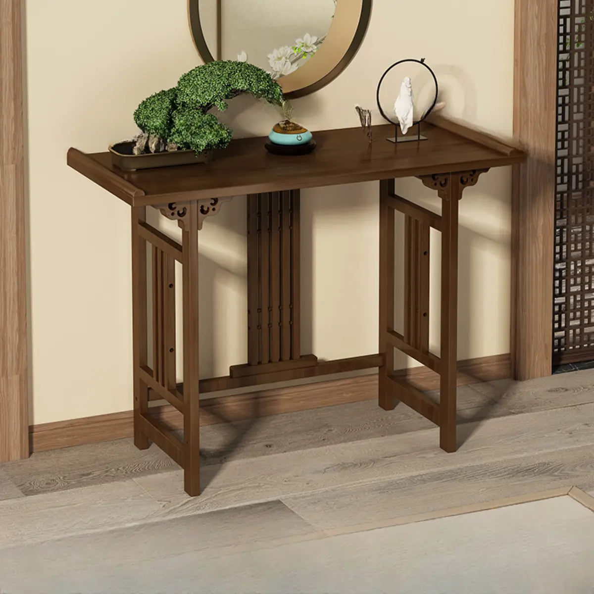 Rectangular Solid Wood Brown Floor Shelf Console Table Image - 5