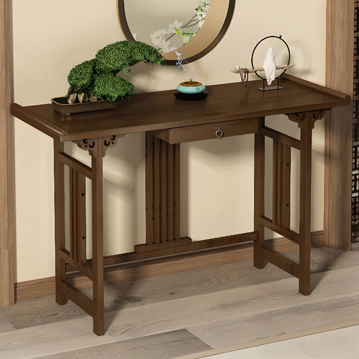 Rectangular Solid Wood Brown Floor Shelf Console Table Image - 7