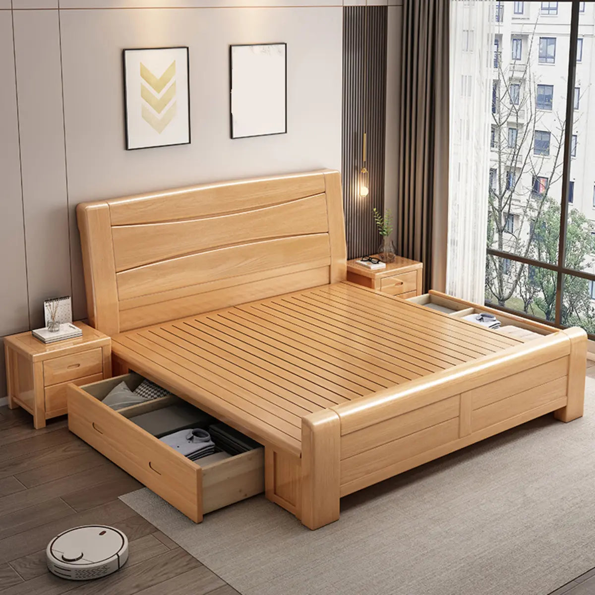 Rectangular Solid Wood Natural Queen Size Platform Bed Image - 2