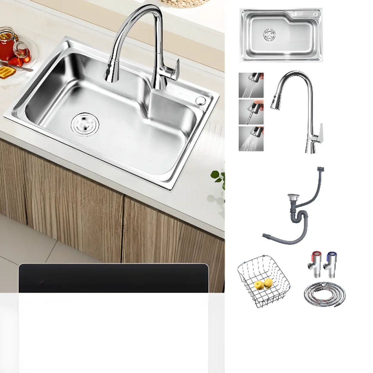 Rectangular Stainless Steel Kitchen Sink with Colander Image - 5