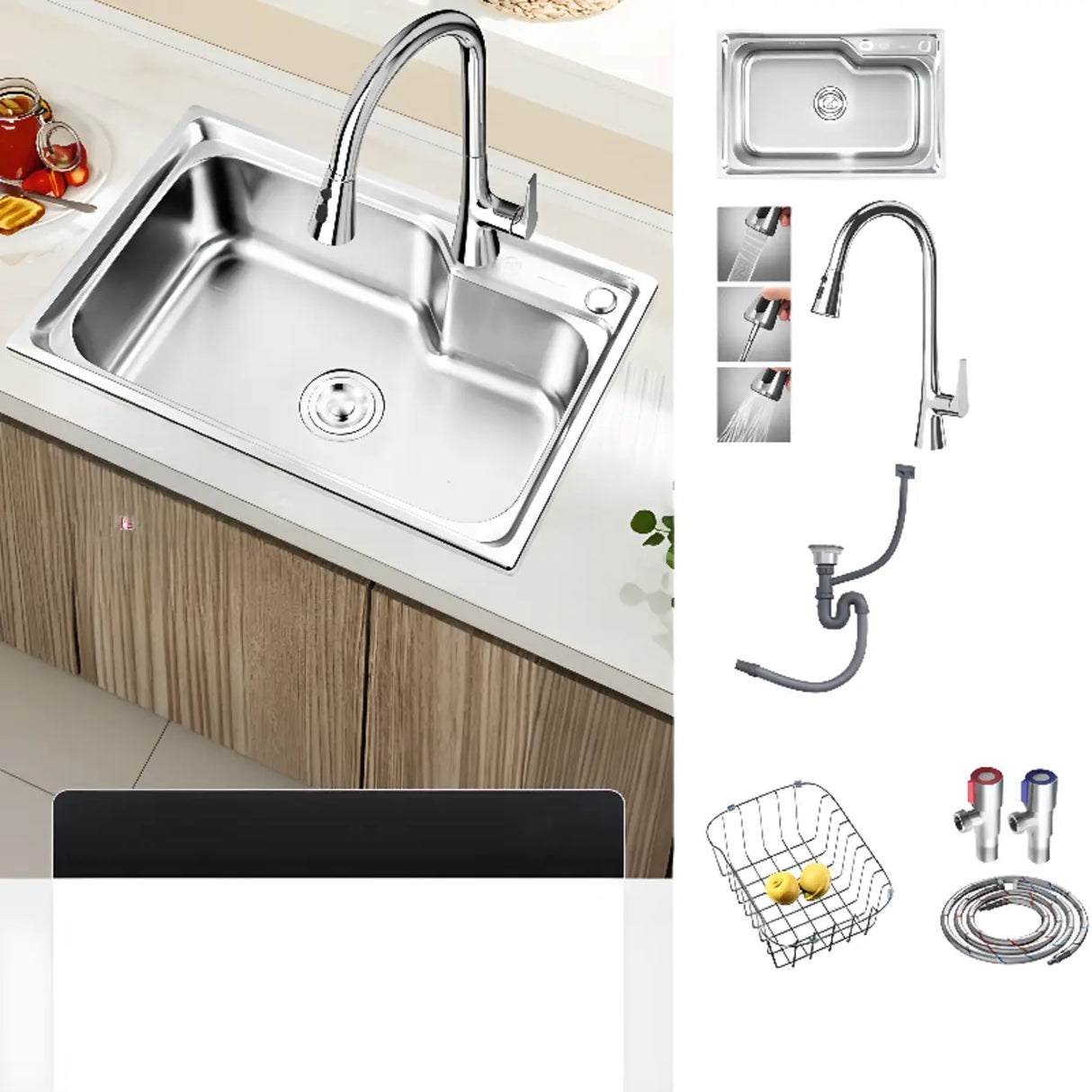 Rectangular Stainless Steel Kitchen Sink with Colander Image - 9